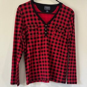 Chaps Red and Black Plaid V-Neck Top 100 % cotton size L